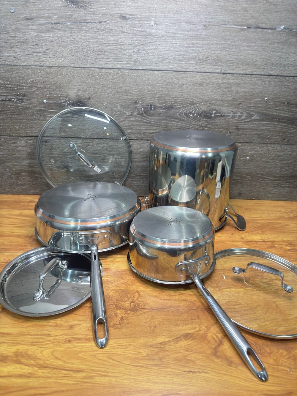 All Clad Emeril CopperCore 2 qt Pan w/lid 8 qt stock pot & 3 qt sauté pan ~6 Pc